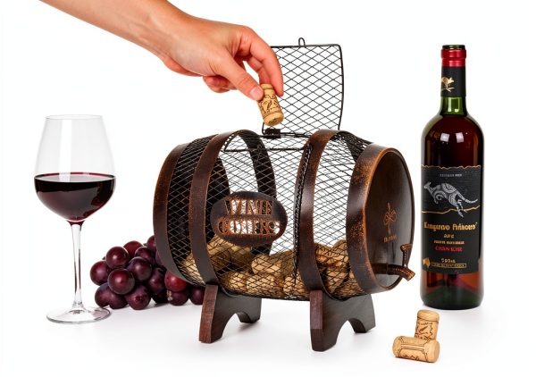 Makuvine Wine Cork Display Barrel Rustic Metal Tabletop Rack-5