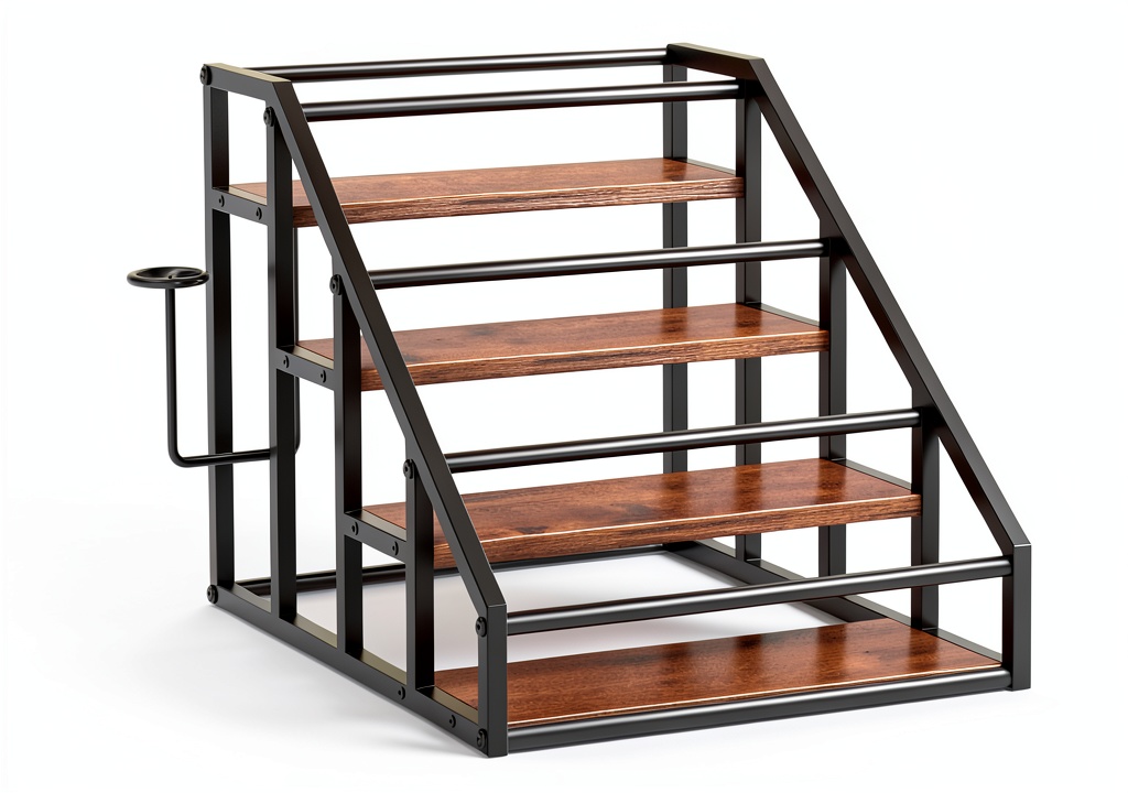 Installing Vantimo Rustic Brown 4 Tier Metal Step Shelf Rack on a wooden kitchen counter