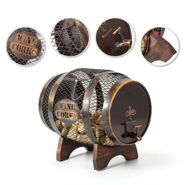 Makuvine Wine Cork Display Barrel Rustic Metal Tabletop Rack-3