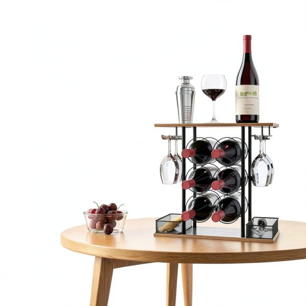 VyGrow Wine Rack Rustic Steel Wood 6 Bottle Tabletop Storage-2