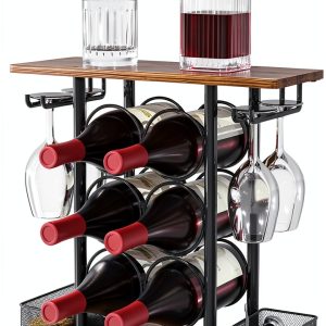 VyGrow Wine Rack Rustic Steel Wood 6 Bottle Tabletop Storage-0