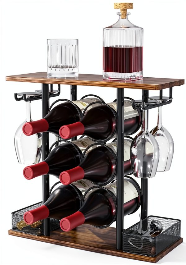 VyGrow Wine Rack Rustic Steel Wood 6 Bottle Tabletop Storage-0