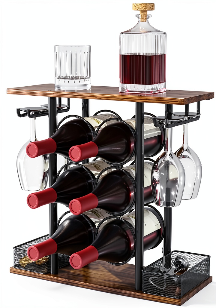 Installing VyGrow Wine Rack Rustic Steel Wood 6 Bottle Tabletop Storage on a wooden desk