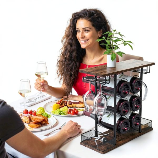 VyGrow Wine Rack Rustic Steel Wood 6 Bottle Tabletop Storage-4
