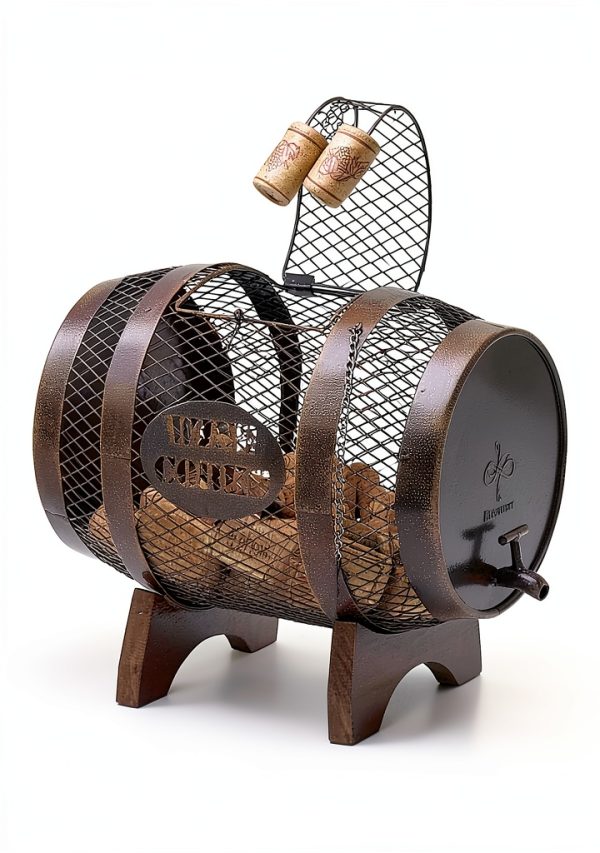 Makuvine Wine Cork Display Barrel Rustic Metal Tabletop Rack-0