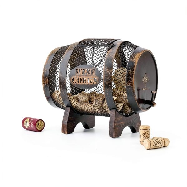 Makuvine Wine Cork Display Barrel Rustic Metal Tabletop Rack-1