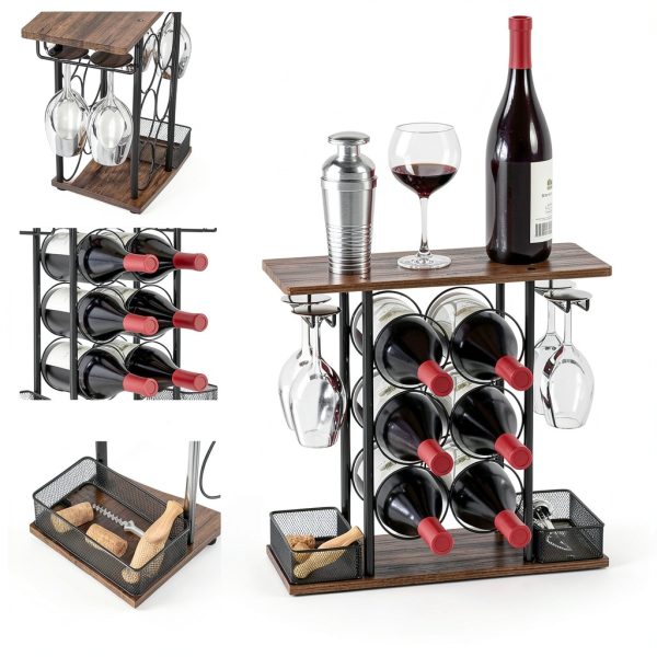 VyGrow Wine Rack Rustic Steel Wood 6 Bottle Tabletop Storage-1