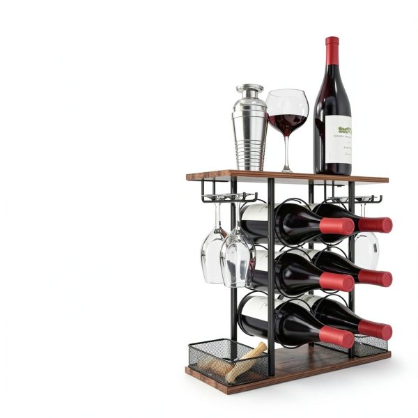 VyGrow Wine Rack Rustic Steel Wood 6 Bottle Tabletop Storage-3